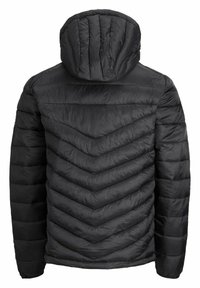 Giacca a vento nera con cappuccio, caratterizzata da cuciture a zigzag, texture trapuntata e maniche lunghe. La vista posteriore mostra un design elegante.