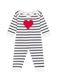 Ριγέ ολόσωμο φορμάκι σε λευκό και ναυτικό μπλε, με κόκκινη καρδιά στο μπροστινό μέρος. Κατασκευασμένο από απαλό βαμβάκι με μακριά μανίκια και μανσέτες.