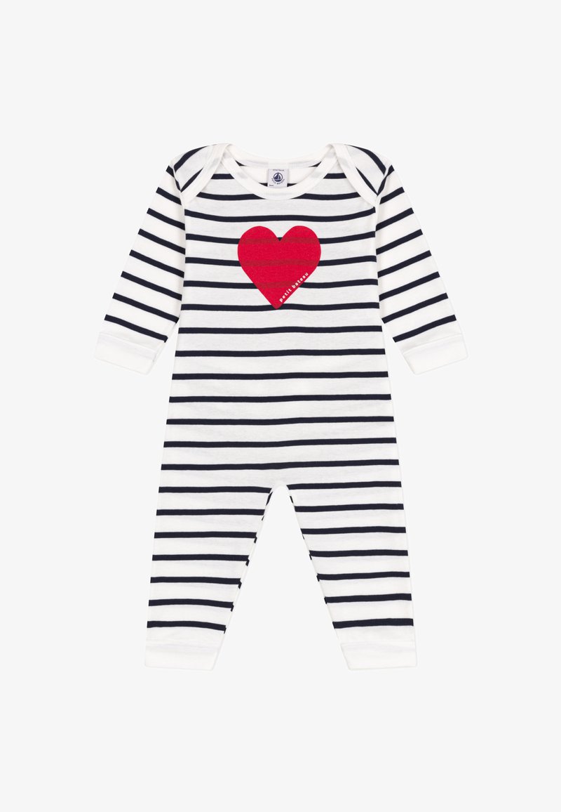 Mono de una pieza a rayas en blanco y azul marino, con un gráfico de corazón rojo en el frente. Hecho de algodón suave con mangas largas y puños.