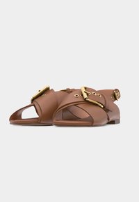 Καφέ δερμάτινα επίπεδα σανδάλια με φαρδιές λουριά, μεγάλες χρυσές αγκράφες και ανοιχτά δάχτυλα σε λευκό φόντο.