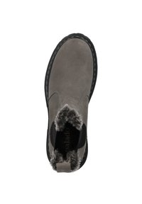 Szare zamszowe botki za kostkę z czarną gumową podeszwą, futrzanym kołnierzem, elastycznymi bocznymi panelami i detalem w postaci przeszyć wzdłuż krawędzi.