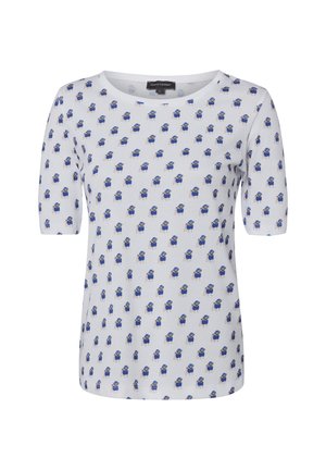 White short-sleeve shirt with a pattern of small blue dogs wearing sunglasses, round neckline, and a tag at the collar.