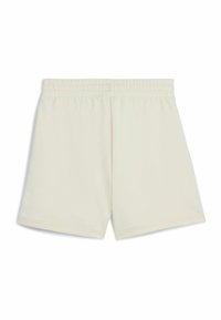 Crème-kleurige shorts met een elastische tailleband, gemaakt van zachte stof. Heeft een eenvoudig, onopgesmukt ontwerp en rechte snit.