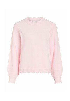 Pull en tricot rose clair à manches longues avec bords festonnés sur le col, les poignets et l'ourlet, présentant un design de manches légèrement bouffantes.