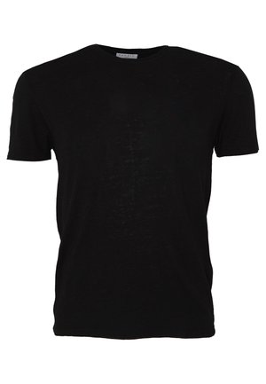 Czarna koszulka z miękkiego materiału, z klasycznym okrągłym dekoltem i krótkimi rękawami. Gładka tekstura z lekkim półprzezroczystym wyglądem.
