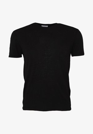 T-shirt noir en tissu doux, avec un col rond classique et des manches courtes. Texture lisse avec une légère apparence transparente.