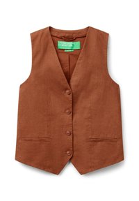 Gilet in lino marrone con scollo a V, chiusura a cinque bottoni e due tasche frontali. Caratterizzato da una texture liscia e un taglio sartoriale.