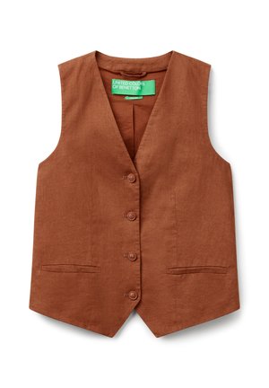 Brauner Leinen-Westen mit V-Ausschnitt, fünf Knopfverschluss und zwei Fronttaschen. Hat eine glatte Textur und einen taillierten Schnitt.