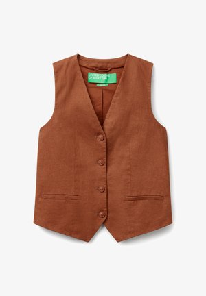 Gilet in lino marrone con scollo a V, chiusura a cinque bottoni e due tasche frontali. Caratterizzato da una texture liscia e un taglio sartoriale.
