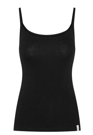 Black tank top with thin straps, fitted design, and a smooth cotton-like texture. Features a subtle logo tag at the hem.