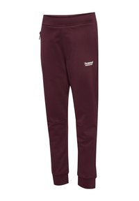 Donkerrode slim-fit joggers met elastische tailleband, ritsvak aan de zijkant, omgeslagen enkels en het "hummel SPORTSWEAR"-logo op de linker dij.