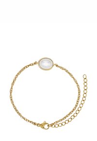 Armbånd i gullfarget kjede med en oval hvit stein som midtpunkt. Kjedet har et teksturert design og en krok for festing.