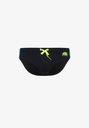 Slip de bain homme noir avec cordon jaune néon, bandes latérales bleues et logo Sundek sur le côté droit à l'avant.