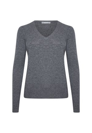 Maglione grigio lavorato a maglia con scollo a V, maniche lunghe e silhouette aderente. Texture liscia con un motivo sottile su tutta la superficie.