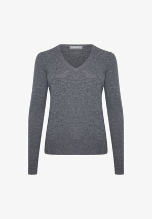 Grauer gestrickter Pullover mit V-Ausschnitt, langen Ärmeln und einer taillierten Silhouette. Glatte Textur mit einem dezenten Muster durchgehend.