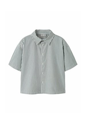 Kortærmet skjorte med knapper, lodrette grå og hvide striber og en spids krave.