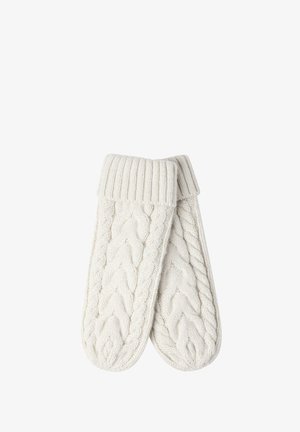 Cremfarbene, kabelgestrickte Hausschuhe mit einem gerippten Bündchen und einem strukturierten, gemütlichen Design. Hergestellt aus warmem, weichem Material für ein angenehmes Tragegefühl.