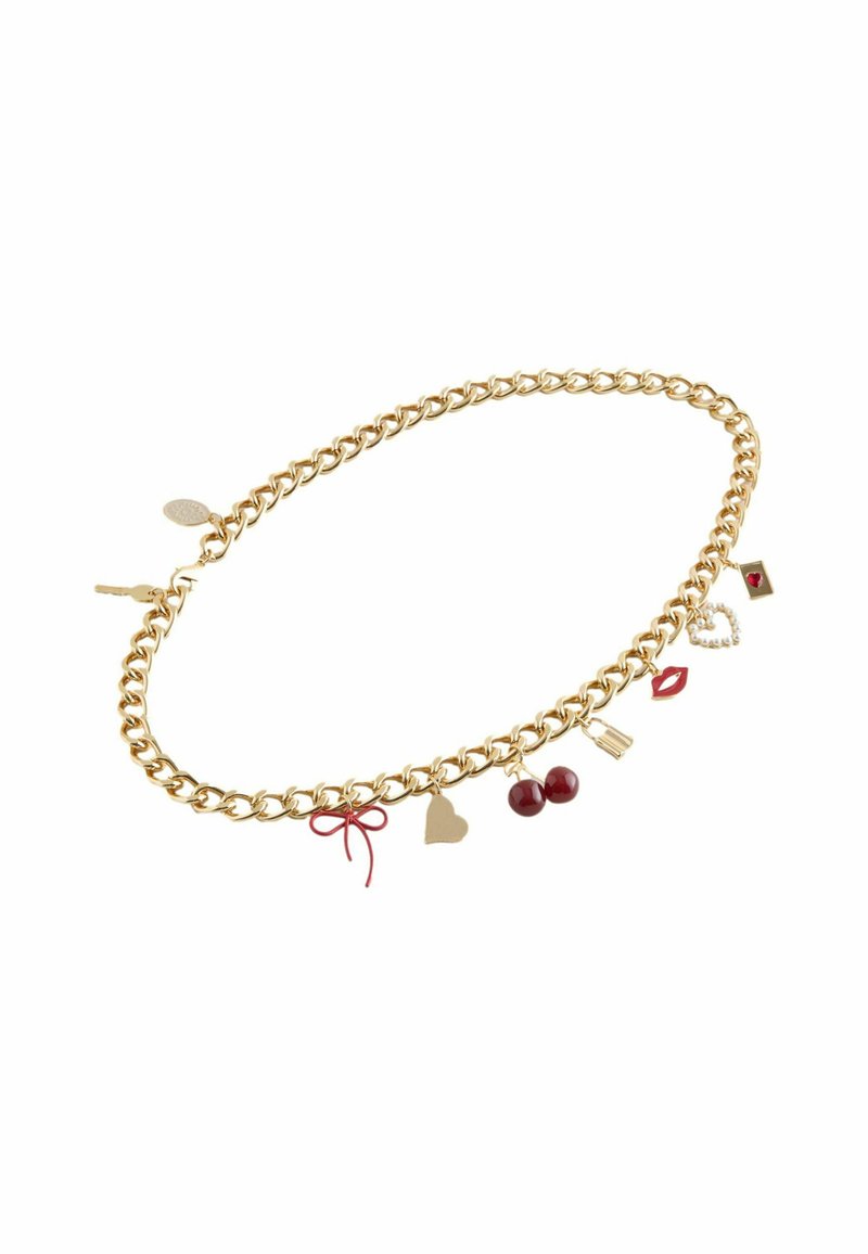 Kuldtoonist kett, millel on erinevad ripatsid, sealhulgas punane siidike, süda, kirsi ja huule kujundid. Sile tekstuur ja läikiv viimistlus.