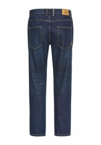 Dunkelblaue Denim-Jeans mit geradem Schnitt. Verfügt über zwei Gesäßtaschen, ein braunes Lederetikett am Bund und dezente Verblassungen.