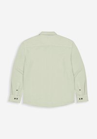 Lichtgroen langarmshirt met een rugpaneel, knoopmanchetten en een gladde stoffen textuur. Heeft zwarte knopen op de mouwen.