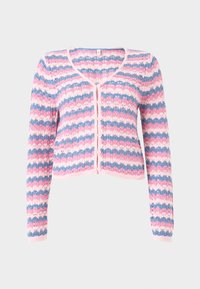 Ριγέ πλεκτή ζακέτα με μακριά μανίκια σε ροζ, μπλε και λευκό χρώμα, με κουμπιά μπροστά και σχέδιο με δαντέλα σε στρογγυλεμένες άκρες.