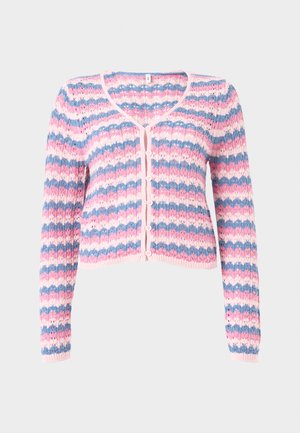 Dlhý rukáv, ružový, modrý a biely pruhovaný pletený kardigán s gombíkmi vpredu a vzorom z volánovej čipky.