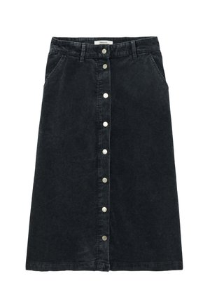 Jupe en velours côtelé noir avec une forme évasée, dotée d'une fermeture à boutons à l'avant et de deux poches latérales. Tissu texturé avec des côtes verticales.