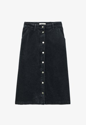 Jupe en velours côtelé noir avec une forme évasée, dotée d'une fermeture à boutons à l'avant et de deux poches latérales. Tissu texturé avec des côtes verticales.