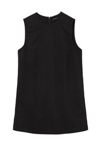 Svart ärmlös klänning med vertikala vita ränder, rund halsringning och dragkedja bak. Har sidofickor och en mjuk tygkvalitet.
