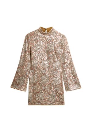 Paillettenjurk met een hoge halslijn, lange mouwen en een sluiting aan de achterkant. Heeft een kleurrijk, glanzend patroon op een lichte basis.