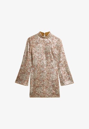 Pailletkjole med høj halsudskæring, lange ærmer og lukning bagpå. Har et flerfarvet, glimrende mønster på en lys bund.