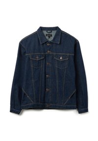 Giacca in denim di colore blu scuro con cuciture marroni, caratterizzata da una chiusura con bottoni, due tasche sul petto e un colletto classico. Vestibilità casual e rilassata.