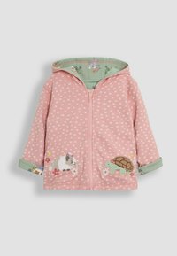 Sudadera con cremallera rosa con patrón floral blanco, acentos verdes, diseños bordados de cobaya y tortuga, material de algodón suave y capucha forrada.