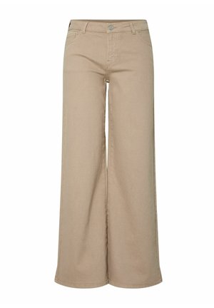 Pantalon beige à jambes larges avec passants de ceinture, fermeture à boutons et zip à l'avant, doté de poches avant et arrière, présenté à plat sur fond blanc.