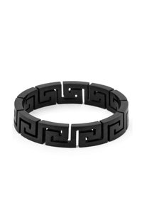 Black bracelet with a geometric Greek key pattern. Made of smooth material, featuring a rounded shape and a continuous open design.
