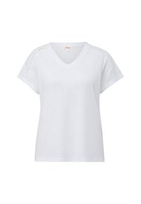 Witte V-hals t-shirt met korte mouwen, voorzien van gestructureerde kantaccenten op de schouders. Gemaakt van zachte, ademende stof.