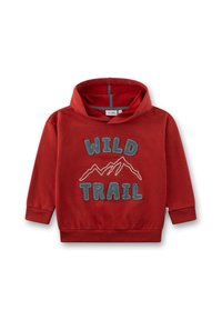 Rote Baumwollkapuzenjacke mit einem vorderen "WILD TRAIL" Grafik, die Bergkonturen zeigt. Lange Ärmel und eine Kordelzugkapuze. Weiche Textur.
