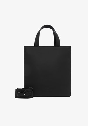 Czarna syntetyczna torba na ramię z dwoma krótkimi uchwytami, prostokątny kształt, gładka tekstura oraz odpinany pasek.