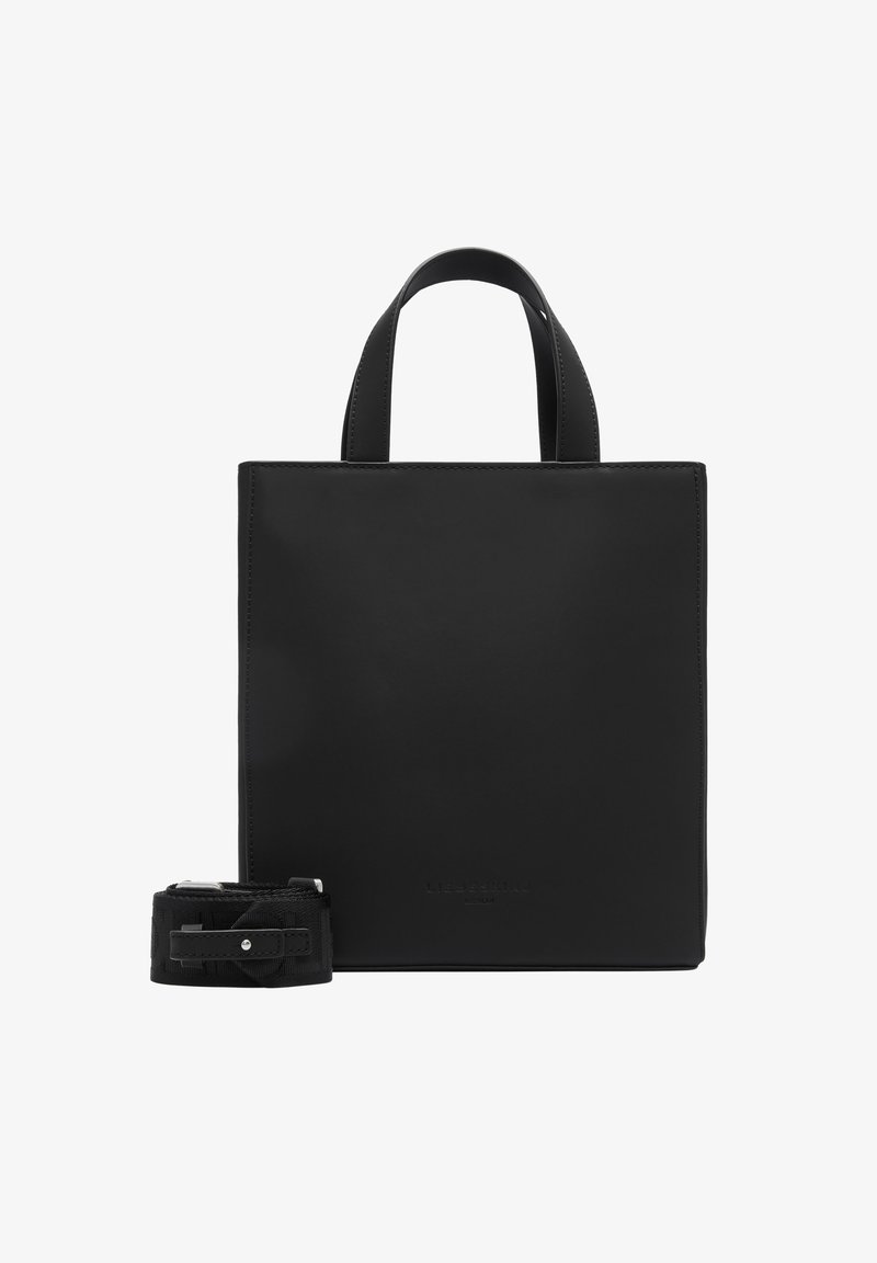 Black synthetic tote bag with two short handles, rectangular shape, smooth texture, and a detachable belt feature alongside.