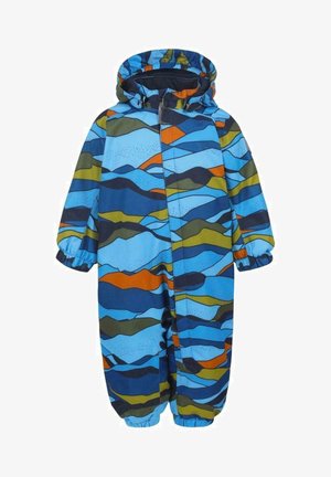 Sininen ja vihreä kuvioitu sadehaalari, jossa on huppu, aaltoilevia muotoja eri väreissä, joustavat hihansuut ja edessä vetoketjukiinnitys.