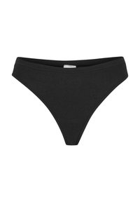 String noir en tissu côtelé, avec un design échancré et une taille lisse pour un confort optimal. Sans logos ni motifs visibles.