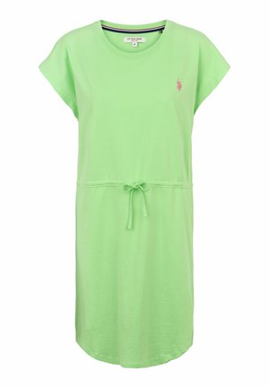 Šviesiai žalia medvilninė suknelė su trumpomis rankovėmis, reguliuojamu raišteliu liemenyje ir mažu siuvinėtą logotipu ant krūtinės. Lygus paviršius.