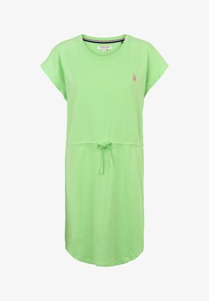 Gaiši zaļš kokvilnas kleita ar īsām piedurknēm, regulējama saite jostai un maza izšūta logo uz krūtīm. Gluda tekstūra.