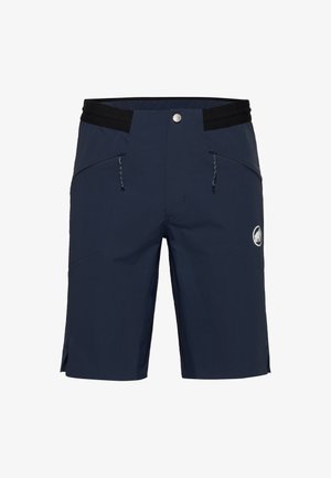 Marineblauwe technische shorts van lichtgewicht stof, met twee zijzakken met rits en een logo-accent. Gestructureerde tailleband met detailing.