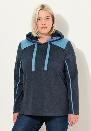 Dunkelblaues Kapuzensweatshirt mit hellblauen Akzenten, gerippten Schulterpaneelen und Kordeln. Weicher Stoff und lässige Passform.