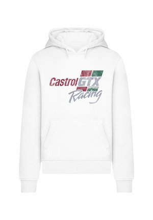 Weißes Hoodie mit einer frontalen Kängurutasche und Kapuze mit Kordelzug. Der aufgedruckte Entwurf enthält "Castrol GTX" in Rot und Grün mit "Racing" darunter.