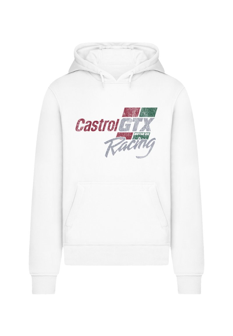 Weißes Hoodie mit einer frontalen Kängurutasche und Kapuze mit Kordelzug. Der aufgedruckte Entwurf enthält "Castrol GTX" in Rot und Grün mit "Racing" darunter.