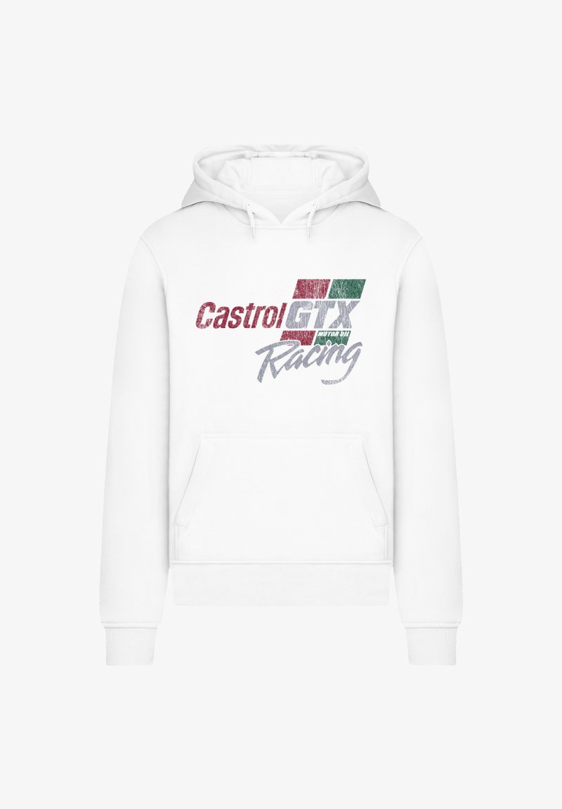 Weißes Hoodie mit einer frontalen Kängurutasche und Kapuze mit Kordelzug. Der aufgedruckte Entwurf enthält "Castrol GTX" in Rot und Grün mit "Racing" darunter.