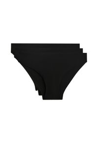 Fekete bikini alsók háromdarabos csomagban. Simaságot biztosító anyagból készült, egyszerű kialakítással, mérsékelt takarással és látható rögzítőelemek nélkül.