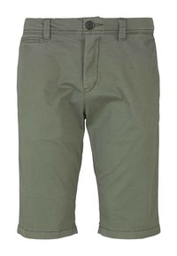 Shorts vert olive avec un motif texturé, une fermeture à bouton et des ourlets retroussés. Fabriqués en tissu léger adapté aux temps chauds.